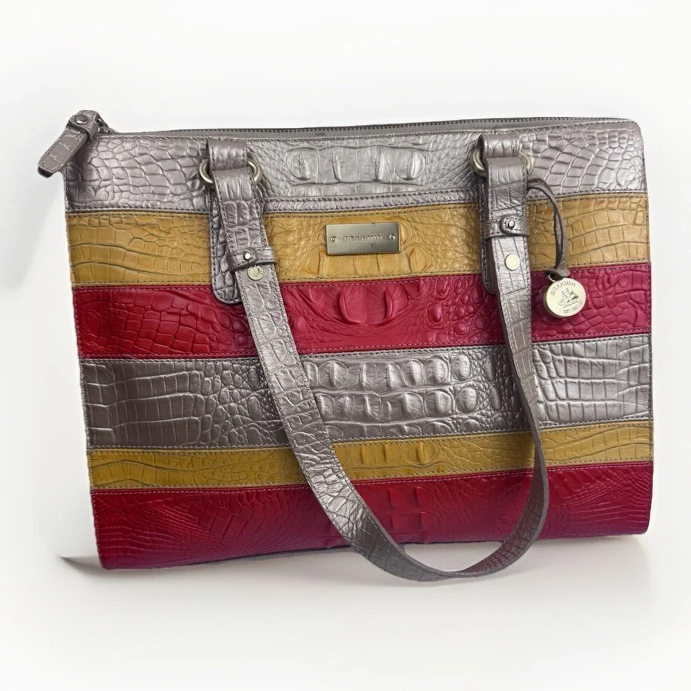 Brahmin Mandy Vineyard Fizz Tricolor Croc Embossed‎ Leather Tote handbag Rare